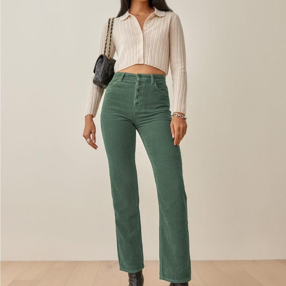 Reformation High Rise Corduroy Pants in Moss Green